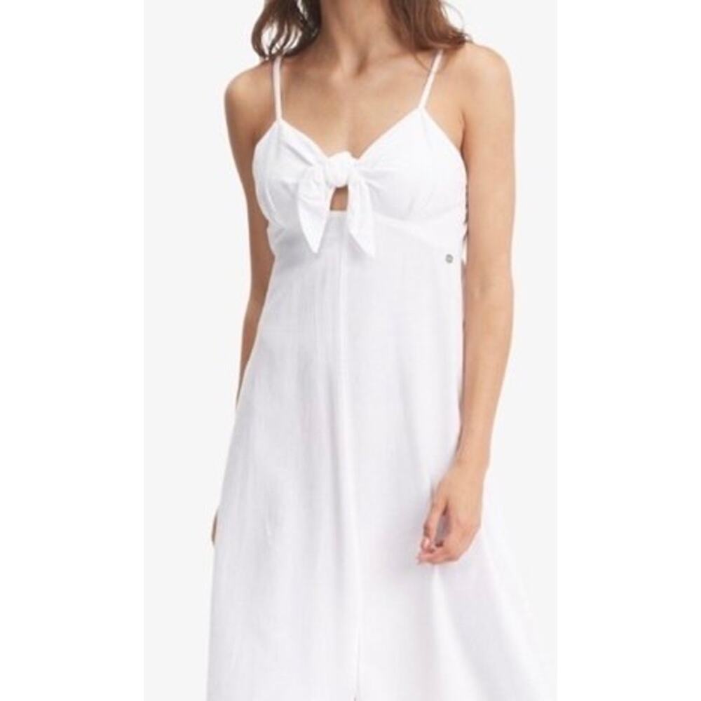 Roxy | Summer White Seersucker-Like Tie Top Midi Dress Preppy Vacation Cotton- S